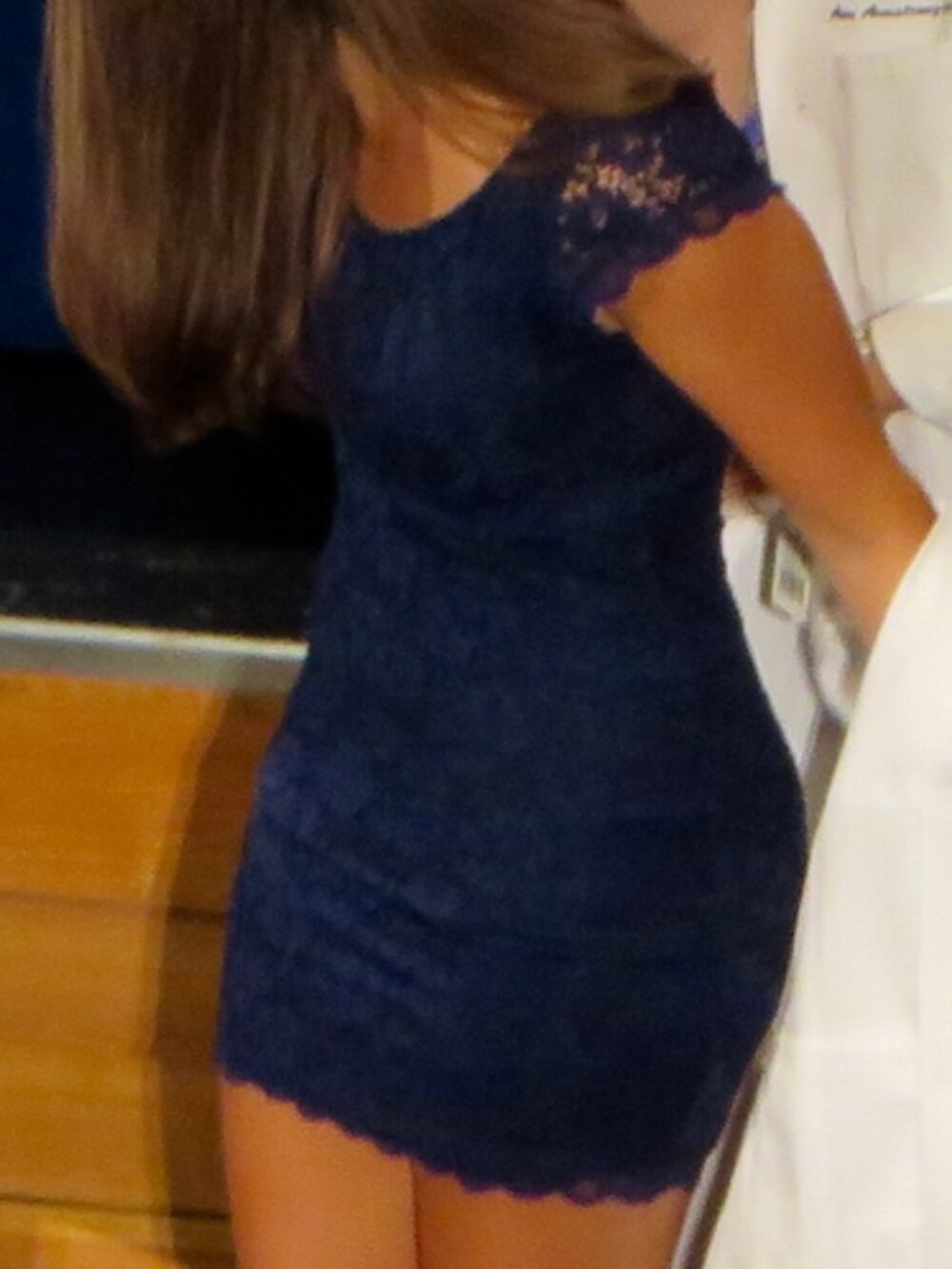 Navy lace cap-sleeve mini dress